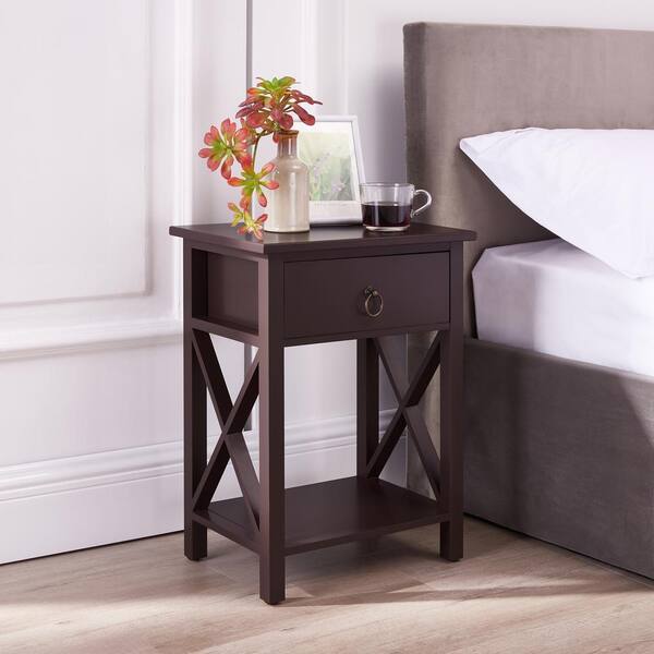 HOMESTOCK Espresso Night Stand Bedside Table with Drawer Wooden Side Tables Bedroom Night Stand 21.6 in. H x 12 in. W x 16 in. D