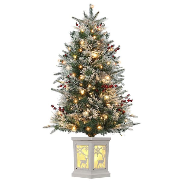 3 FT Pre-Lit Christmas Tree with Elk Potted Base, Artificial Christmas Trees with 78 Led Lights for Home Decor