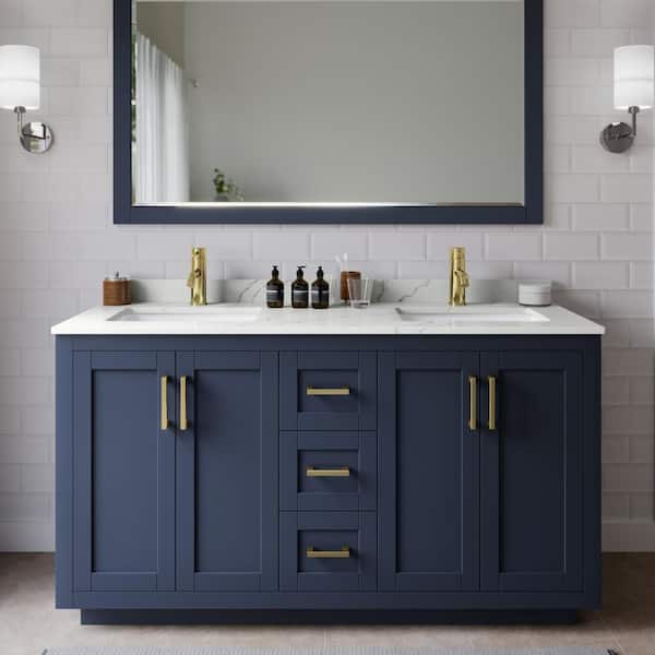 Wyndham Collection Miranda 60 in. W x 22 in. D x 33.75 in. H Double Bath Vanity in Dark Blue with Giotto Quartz Top and 58 in. Mirror