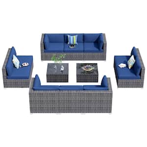 Messi Gray 12-Piece Wicker Outdoor Patio Conversation Sectional Sofa Set with Navy Blue Cushions