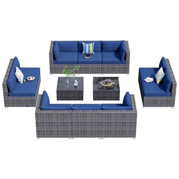 Hooowooo Messi Gray 12 Piece Wicker Outdoor Patio Conversation Sectional Sofa Set With Navy Blue 4064