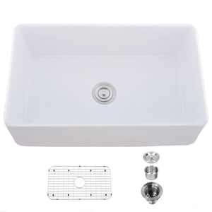 33 in. Farmhouse/Apron-Front Single Bowl White Ceramic Kitchen Sink with Bottom Grid and Basket Strainer