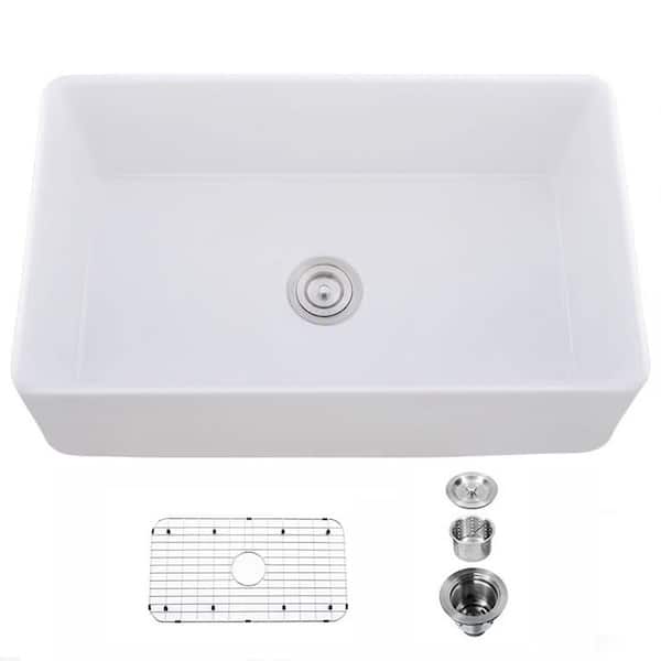 Unbranded 33 in. Farmhouse/Apron-Front Single Bowl White Ceramic Kitchen Sink with Bottom Grid and Basket Strainer