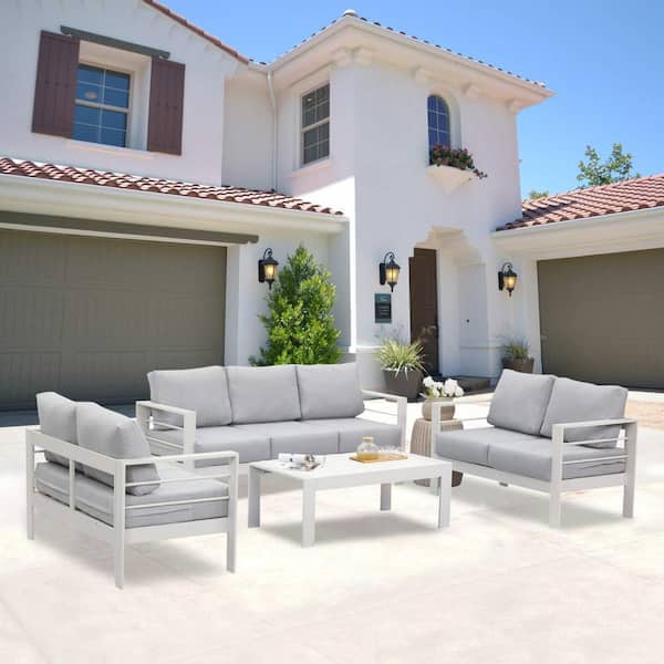 Unbranded 4-Piece Aluminum Patio Conversation Set with Coffee Table, Outdoor Modular Sectional Sofa Furniture Set, White Cushions