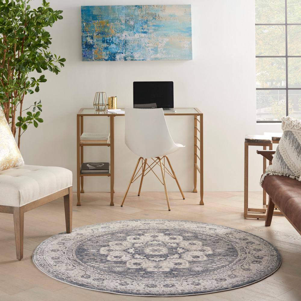 Grey and Ivory Round Hand-knotted Synthetic Area Rug