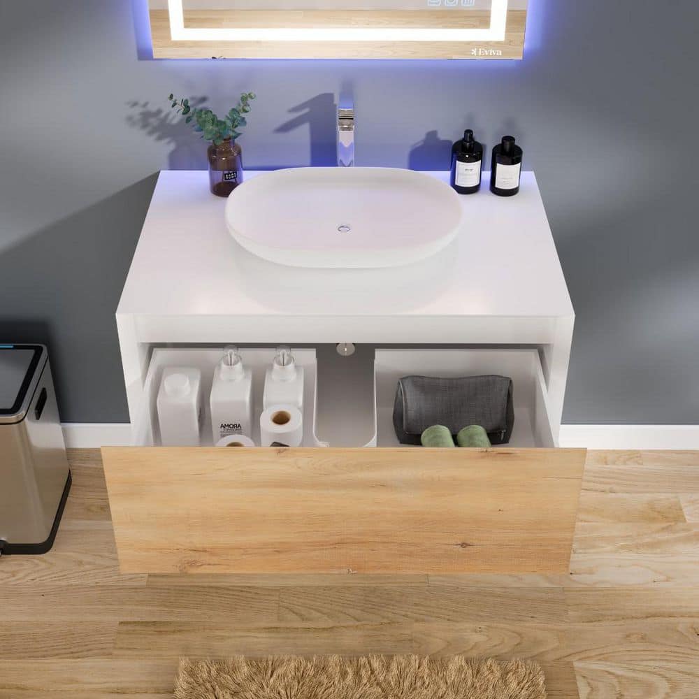 Santa Monica 36" White Oak Wall-Mount Vanity with Vessel Sink