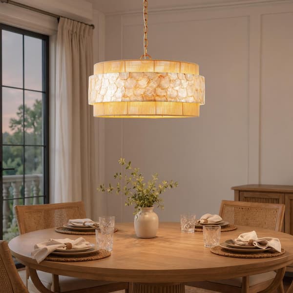 KAWOTI 22 in. Gold Drum Pendant 4-Light with Cotton Rope Seashell