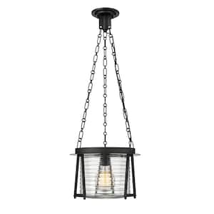 Cape Harbor Pendant 13 in. 1-Light Matte Black Pendant Light with Water hammered Glass Shade with No Bulbs included