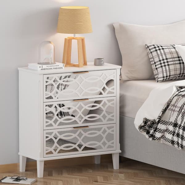 FUFU&GAGA 26 in. W White Square Wood 3-Mirrored Drawers Side Table Bedside Table Nightstand with Mirror Finish