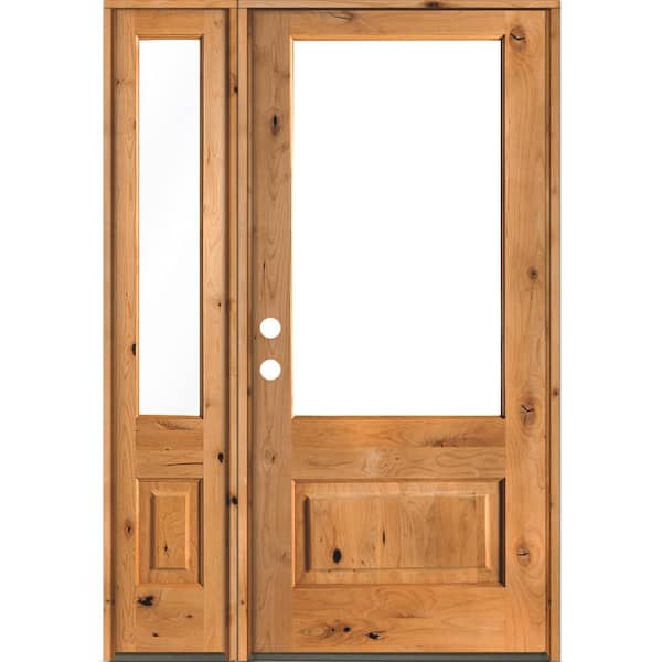 Krosswood Doors 50 in. x 80 in. Farmhouse Knotty Alder Right-Hand/Inswing 3/4 Lite Clear Glass Clear Stain Wood Prehung Front Door