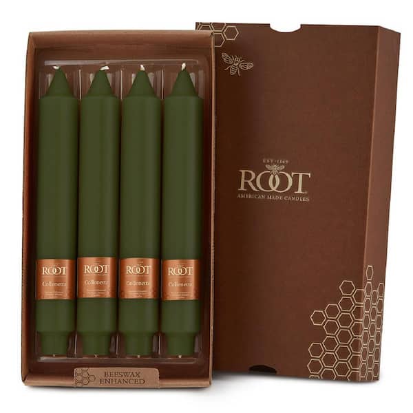 ROOT CANDLES Smooth Collenette 9 in. Dark Olive Unscented Taper Candle (Box of 4)
