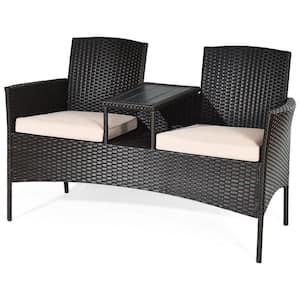 1-Piece Wicker Rattan Patio Conversation Set with Beige Cushions Patented