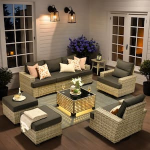 Tiberny Gray 9-Piece Wicker Patio Conversation Seating Set with Black Cushions and Swivel Chairs