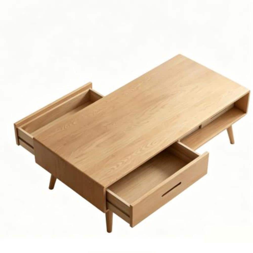 Solid Wood Coffee Table for Living Room, Oak Coffee Table with Storage Shelf and 2 Drawers