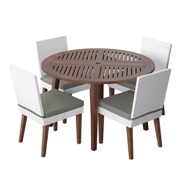 TK CLASSICS 5-Piece Wicker and Acacia Outdoor Dining Set with 4 Dining Chairs with Grey Cushions