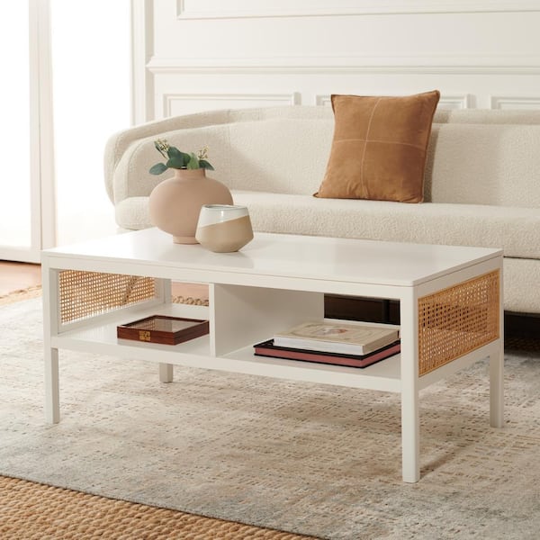 SAFAVIEH Miya 42 in. White/Natural Rectangle Wood Coffee Table