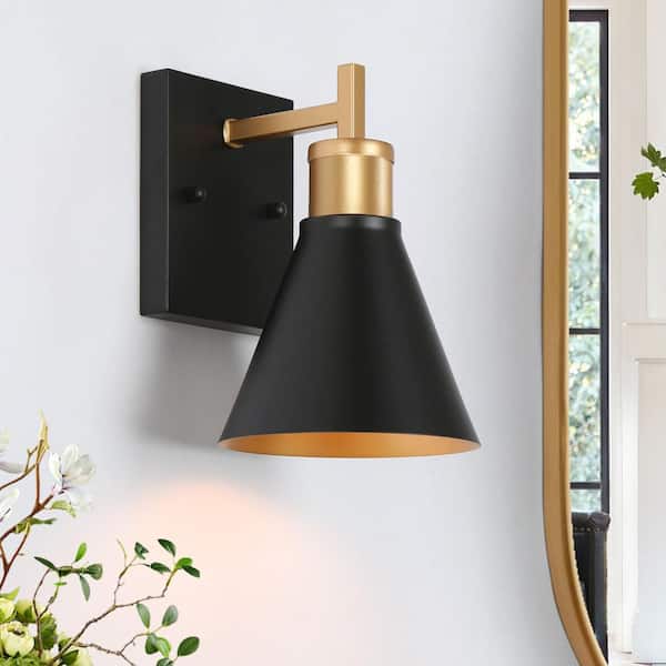 Zevni 5.5 in. Modern 1-Light Black Bathroom Vanity Light, Cone Shape Bath Lighting Brass Gold Wall Sconce