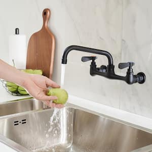 Double Handles Wall Mount Modern Standard Kitchen Faucet With 8 Inch Swivel Spout 8" Center in Matte Black