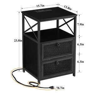 Black Wood plus Metal Panel Queen Platform Bed Frame and Dual Black Nightstands 3-Piece Bedroom Set w/USB Charging Ports