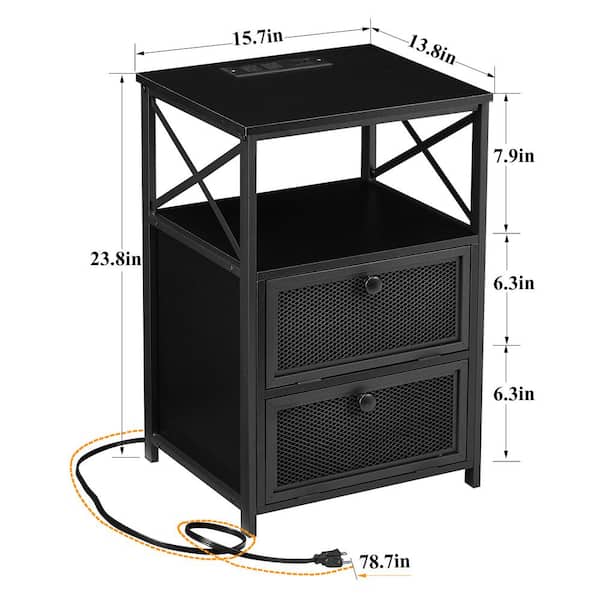 Black Wood plus Metal Panel Queen Platform Bed Frame and Dual Black Nightstands 3-Piece Bedroom Set w/USB Charging Ports
