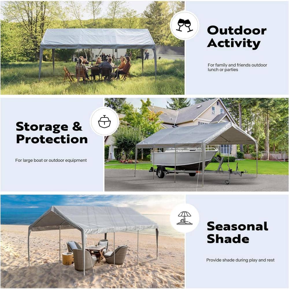 20 ft. White PE Fabric Carport Replacement Canopy Cover