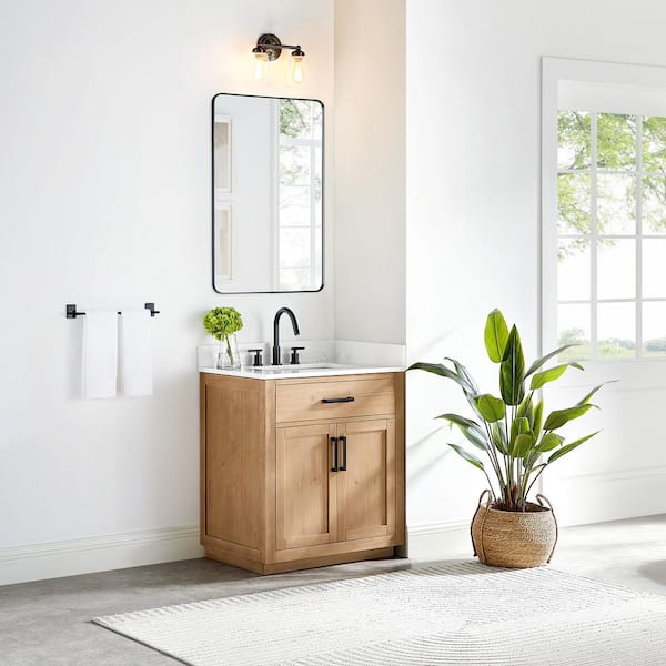 Gavino 30 in. Single Sink Bath Vanity in Light Brown with Grain White Engineered Stone Top and Mirror