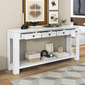 63 in. Antique White Rectangle Wood Console Table with Storage Drawers and Bottom Shelf for Entryway Hallway