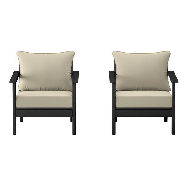 Birchwood Black Outdoor Patio (Set of 2) Deep Seating HDPE Lounge Chairs w/ Beige Cushions