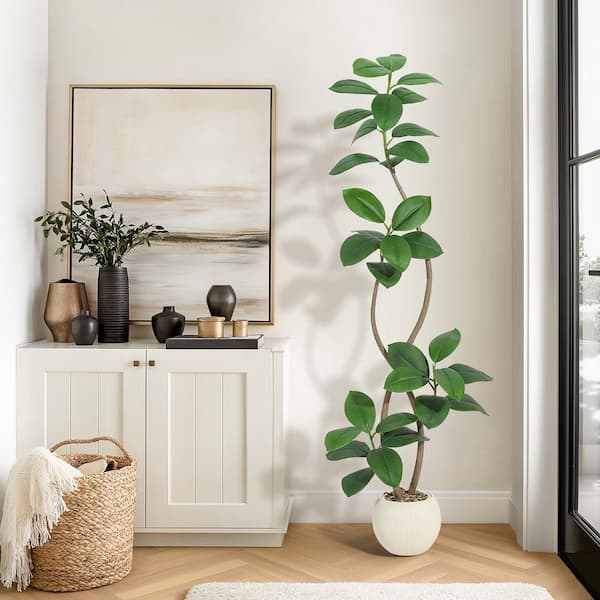 6FT Artificial Fiddle Leaf Fig Tree In White Pot& Stone, Faux