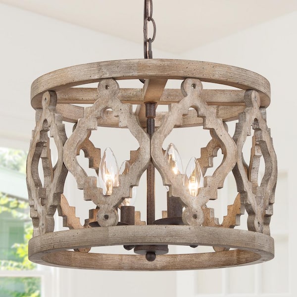 LNC Rustic Bronze Farmhouse Drum Island Chandelier with Solid Wood Cage Shade Classic Candlestick Chandelier 4-Light Pendant