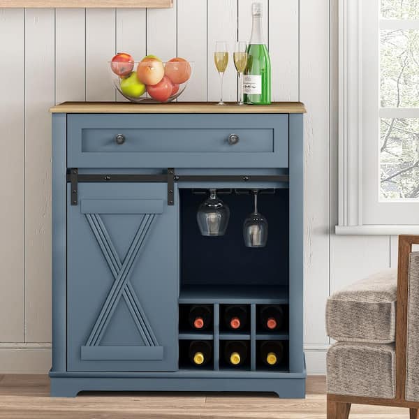 Farmhouse 32 in. Wide 6-Bottal Wine Rack Cabinet with Sliding Barn Door in Haze Blue