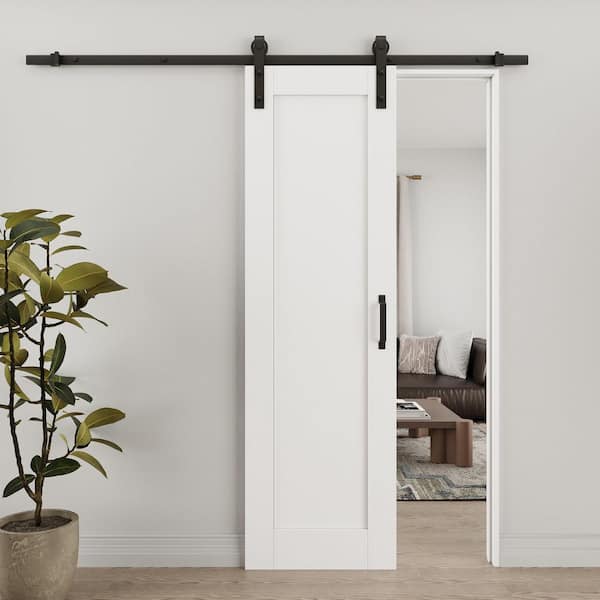 18 in. x 80 in. White Primed Paneled DIY Painting MDF Composite Sliding Barn Door with Hardware Kit