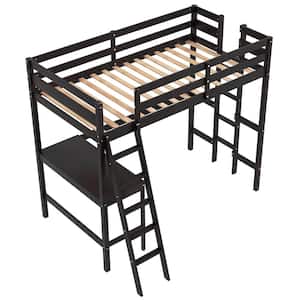 Brown Twin Loft Bed Frame with Desk and Built-in Ladder Frame