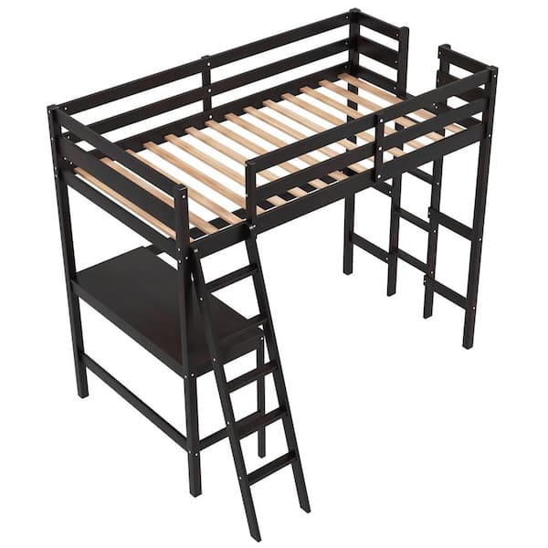 Costway Brown Twin Loft Bed Frame with Desk and Built-in Ladder Frame