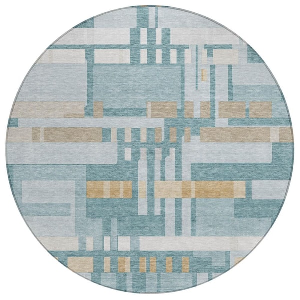 Chantille Machine Washable Indoor/Outdoor Abstract ACN3051 Teal 8 ft. x 8 ft. Round Rug