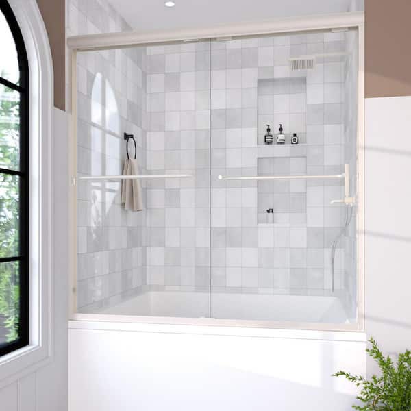 Lntano 60 in. W x 56 in. H Sliding Bath Tub Door in Semi Frameless in Brushed Nickel with Clear Glass