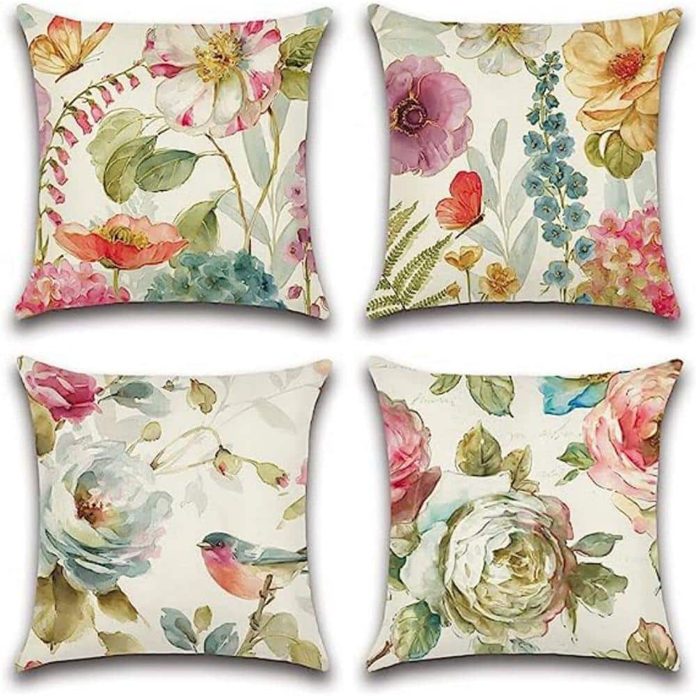 18 in. x 18 in. Green Outdoor Waterproof Throw Pillow Covers Floral Printed  and Boho Farmhouse Outdoor Pillow (Set of 4) B09XCFX8P2 - The Home Depot