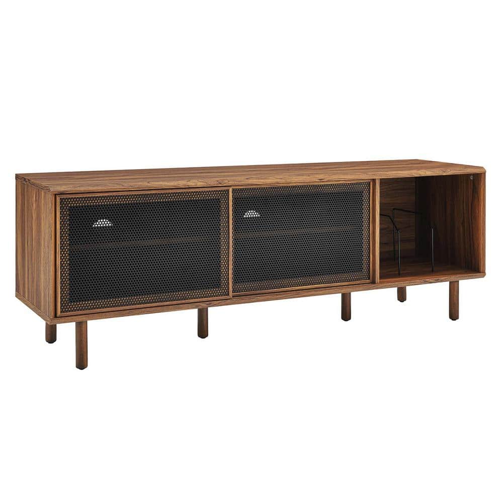 Walnut 67" TV and Vinyl Record Stand with Metal Mesh Doors