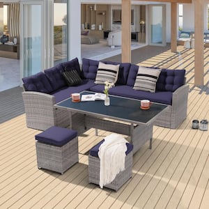 5-Piece Patio Dining Sofa Set Widened Back and Arm PE Rattan Outdoor Furniture Set, Navy Blue