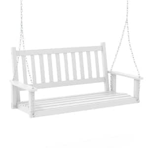 3-Person White Wooden Porch Swing Chair with Adjustable Galvanized Metal Chains