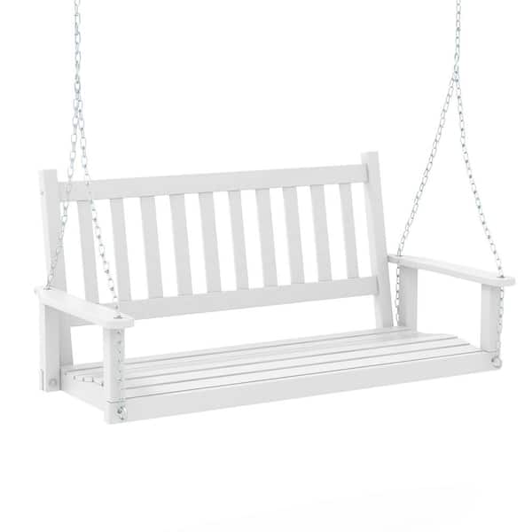 Gymax 3-Person White Wooden Porch Swing Chair with Adjustable Galvanized Metal Chains