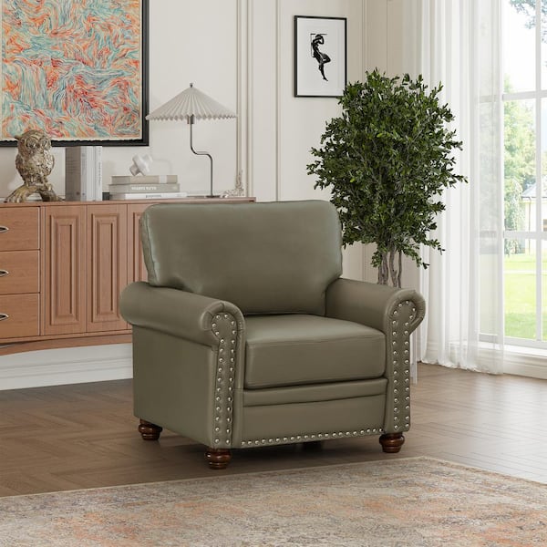 Harper & Bright Designs 35.8 in. Round Arm Faux Leather Rectangle Mid-Century Modern Sofa in Greenish Gray with Solid Wood Legs and Silver Nails