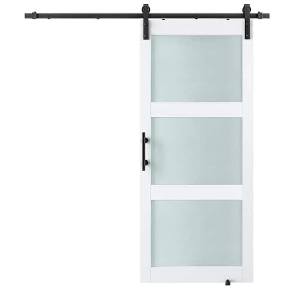 36 in. x 84 in. 3 Lite Tempered Frosted Glass Sliding Barn Door with White PVC Film Finished MDF, Hardware Kit Included