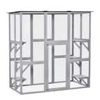 71 in. L Large Grey Wooden Outdoor Cat House Catio Enclosure, Kitten Cage w/Weather Protection, Cat Patio w/ 6 Platforms