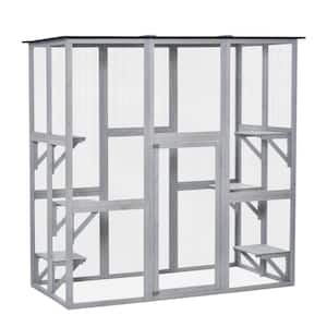 71 in. L Large Grey Wooden Outdoor Cat House Catio Enclosure, Kitten Cage w/Weather Protection, Cat Patio w/ 6 Platforms