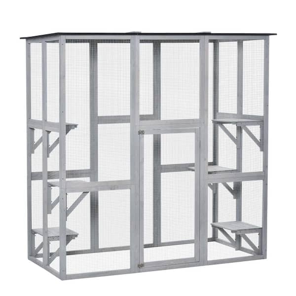 PawHut 71 in. L Large Grey Wooden Outdoor Cat House Catio Enclosure, Kitten Cage w/Weather Protection, Cat Patio w/ 6 Platforms