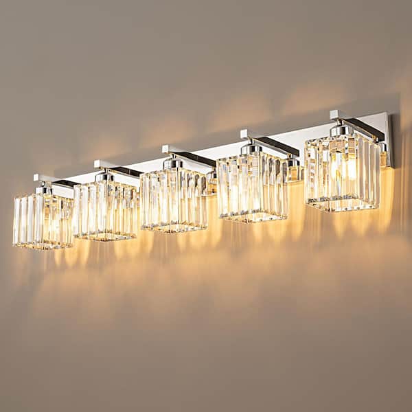 Home Lighting Fixture Width 36.22" In. " 5-Light Chrome Modern Crystal Vanity Lights Wall Sconces For Bathroom（JW-002)