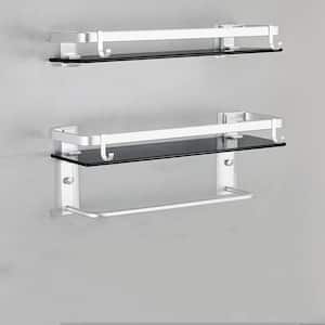 2-Piece 4.88 in. W x 5.85 in. H x 15.74 in. D Glass Rectangular Shower Shelf in Silver with 4 Hooks, 1 with a Towel Bar