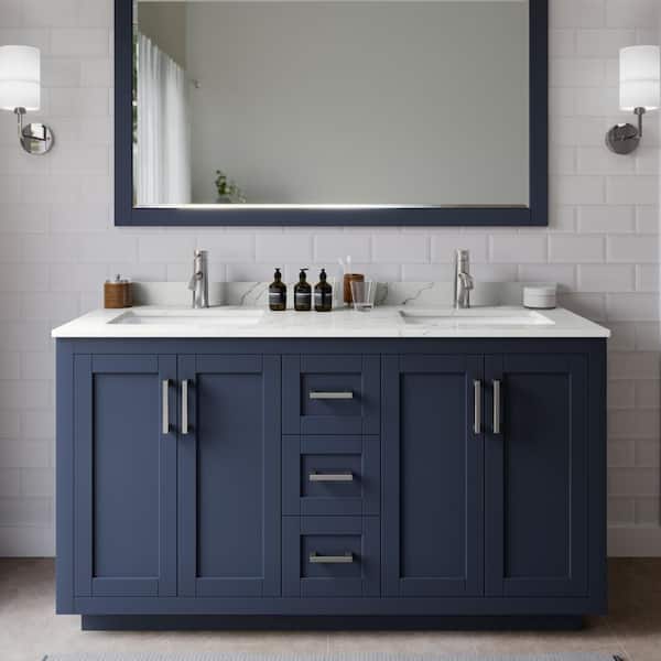 Wyndham Collection Miranda 60 in. W x 22 in. D x 33.75 in. H Double Bath Vanity in Dark Blue with Giotto Quartz Top