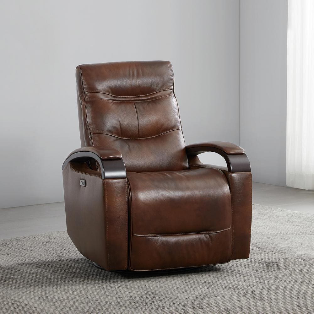 Spruce Spring Seraphina Cognac Genuine Leather Power Swivel Glider Rocker Recliner with Power Headrest Wooden Armrest and USB Port SSM 79067 L2201